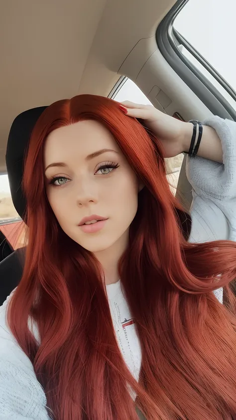 arafed woman with long red hair sitting in a car, with red hair, red dyed hair, red hair, red long hair, long loose red hair, red hair and attractive features, long straight red hair, red wig, brown red long hair, long red hair, angelawhite, red head, brow...