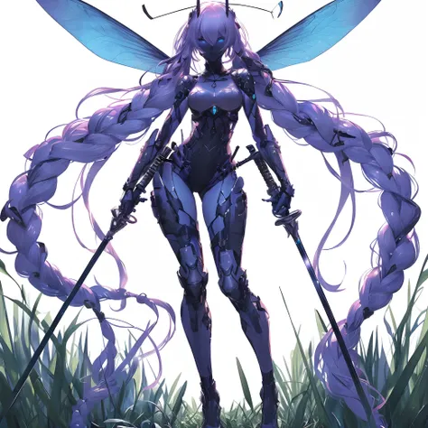 (masutepiece, Best Quality), (Perfect athlete body:1.2), (detailed hairs), Ultra-detailed, Anime style, Full body, Solo, Cyberpunk Assassin Girl, Pale purple skin and blue hair, External characteristics of insects, Twin hair with long braids, Dagger in bot...