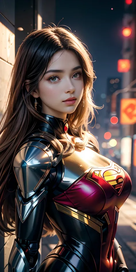 Anime style, (Chica Retrofuturista ciborg robotic Superman), stunningly beautiful portrait photo of Alina Gorokhova, 21-year-old, cuerpo completo, top angle, curvas corporales, ombligo, minifalda, Piel suave y cremosa, Hermosos ojos granates, Hermosos deta...