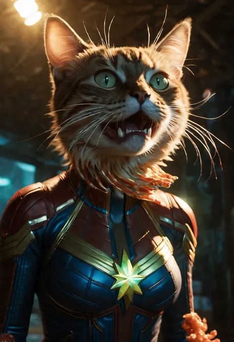 In a meticulously rendered and eerie scene, (depict an otherworldly cat wearing captain marvel dress), (mesmerizing bioluminescent tentacles emerging from its mouth:1.2), god rays, ray tracing, reflection light, Realism, highres, best quality, 16k, texture...