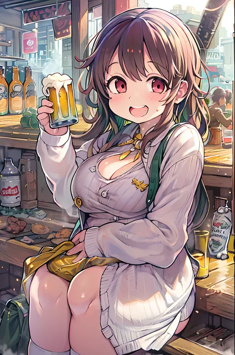 masutepiece, Best Quality, 女の子1人、huge-breasted、bbw、Holding (beer)1.5、huge smile