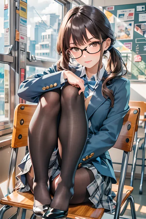 Woman in glasses sitting on a chair、Get on your knees and raise your legs, 1girl in, pantyhose, Solo, Glasses, Skirt, grey skirt, Brown hair, Brown eyes, Sitting, Jacket, thighband pantyhose, Long hair, Looking at Viewer, Indoors, School uniform, Pleated s...