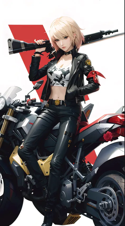 anime girl sitting on a motorcycle with a gun on her shoulder, persona 5 art style wlop, badass anime 8 k, rumble roses, no more heroes concept art, cushart krenz key art feminine, persona 5 style, by Yang J, sitting on cyberpunk motorbike, motorcycle conc...