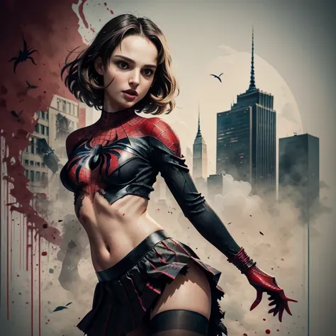 Natalie portman、Sticking out the navel、newyork、She wears a torn Spider-Man suit,wearing skirt、 Red and black color scheme,Dynamic、​masterpiece、top-quality、ultra-detailliert、ighly detailed、beautiful detailed brilliance、超A high resolution