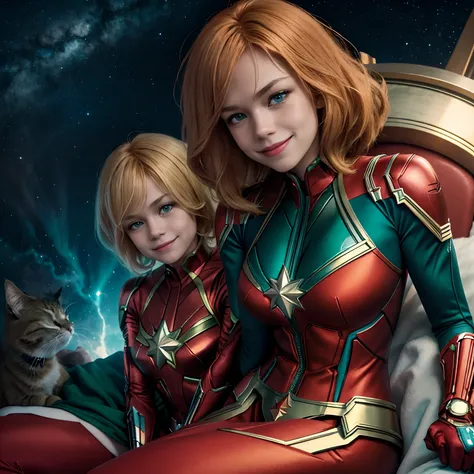 A fluffy orange tabby cat with green eyes and a red collar. The cat is sleeping on the lap of Captain Marvel, who is wearing her blue and red suit and smiling at the camera. Behind them is a starry sky and a spaceship. giga_busty