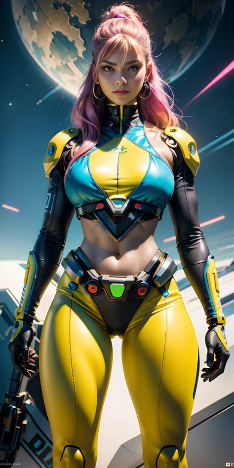 CHICA cyborg retrofuturista con un planeta hyperrealista con detalles y partes de ciborg ,colores de neon,big tits ,muscle ,ciborg retro,futurista