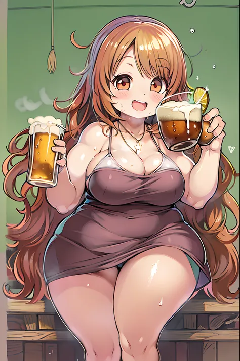 masutepiece, Best Quality, 女の子1人、huge-breasted、bbw、drinking beer、huge smile、Chibi