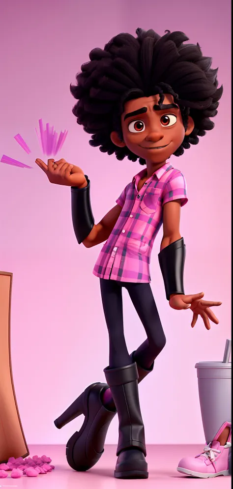 homem negro gay, Black Power Hair Superhero, magro,  sem barba no rosto, com bota de salto alto, false nails, Pixar animation pink makeup and shirt