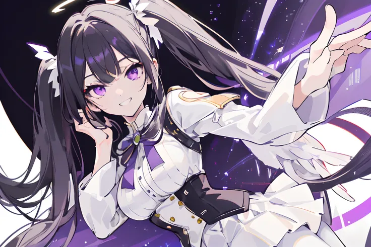 white skirt,black hair, twintails, white skirt,white pantyhose,corset, 8K, masterpiece,detailed halo,16 years old highly detailed face,medium breast,solid circle eyes,wing on the waist,purple eyes,god ray,detailed shading,depth of field,grin