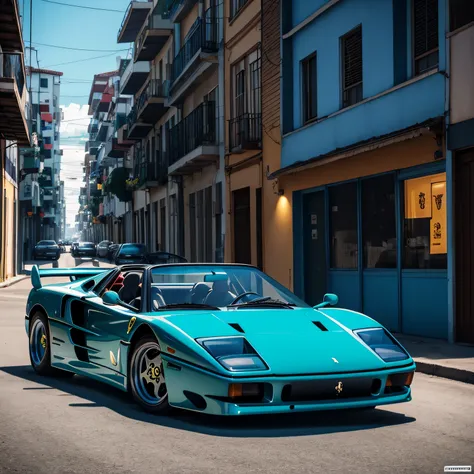 Full, centered photo of a Ferrari f40 convertible shiny polished metal color blue, estilo cyberpunk, cercado de luz neon colorida, roda grossa, roda dourada, detalhes em dourado, Woman in sunglasses driving, neon na pintura do carro, pintura reflexiva que ...