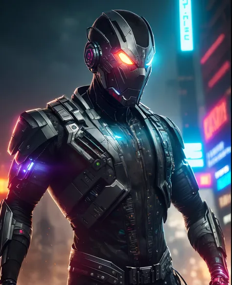 (extremely detailed 8k wallpaper), Close-up (futuristic masked cyborg Dirt-man From Marvel dressed in Goth style: 1.3) emerging from the the futuristic world, neon colours, extremely detailed, volumetric lighting