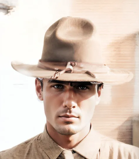 Man in cowboy hat, camisa e gravata marrom, simetria!! Retrato de um cowboy, caracter with brown hat, cowboy retrato masculino, retrato do cowboy