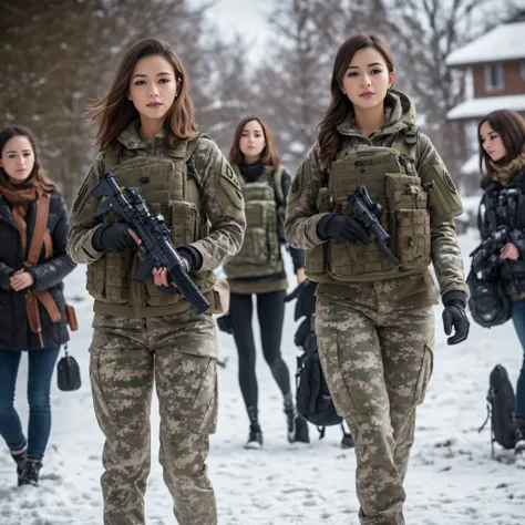 (Photorealistic), Beautiful lighting, Best Quality, Realistic, Full body portrait, real picture, Intricate details, depth of fields, 3 lesbians girls embracing , In a cold blizzard, Very muscular soldier girl with a haircut, Fatigue of the army wearing win...