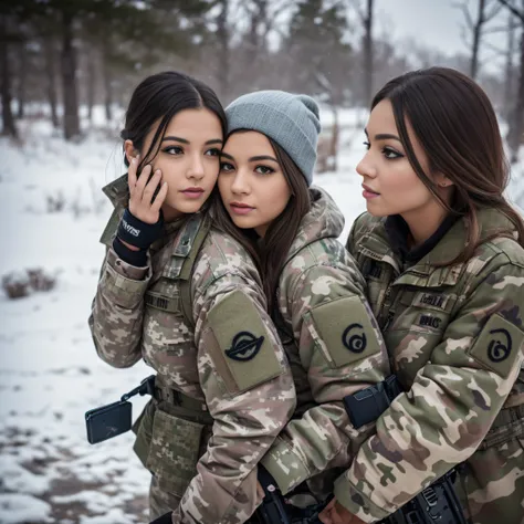 (Photorealistic), Beautiful lighting, Best Quality, Realistic, Full body portrait, real picture, Intricate details, depth of fields, 3 lesbians girls embracing , In a cold blizzard, Very muscular soldier girl with a haircut, Fatigue of the army wearing win...