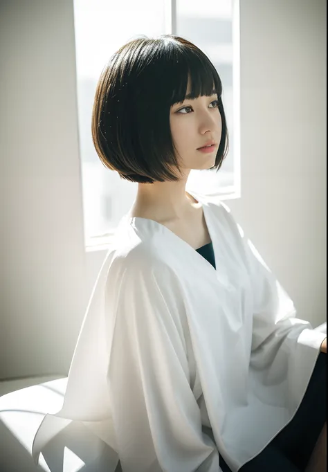 1 girl, black hair, bangs on eyebrows, bob cut hair, wearing white cut cloth for haircut, in barbershop, sitting in a haircut chair with your back straight, cut hair scattered, facing forward, perfect anatomy, depth of field, spiritual silence, transcenden...