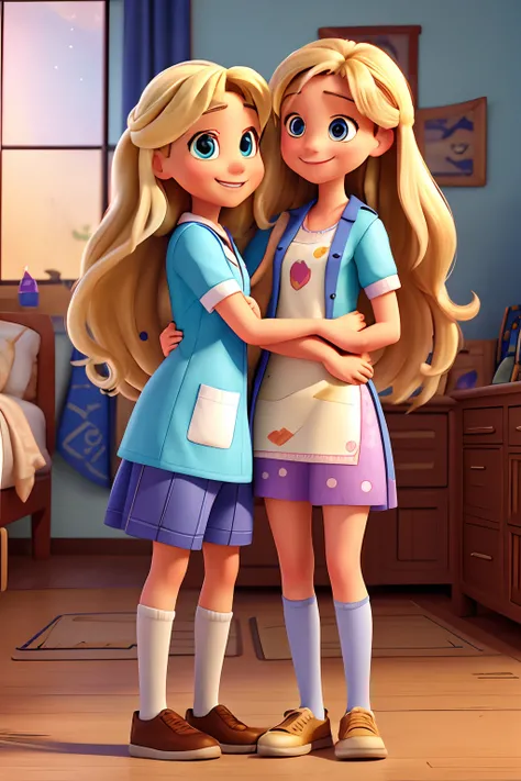 Disney Pixar Style Movie Poster Two Girls in Medical Clothing, One girl is taller than the other, And she has blonde long hair, Smiling, the second is a little shorter with dark long hair, Smiling Girlfriends, Love Hug Holding