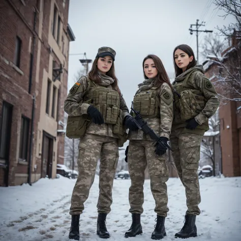 (Photorealistic), Beautiful lighting, Best Quality, Realistic, Full body portrait, real picture, Intricate details, depth of fields, 3 lesbians girls embracing , In a cold blizzard, Very muscular soldier girl with a haircut, Fatigue of the army wearing win...