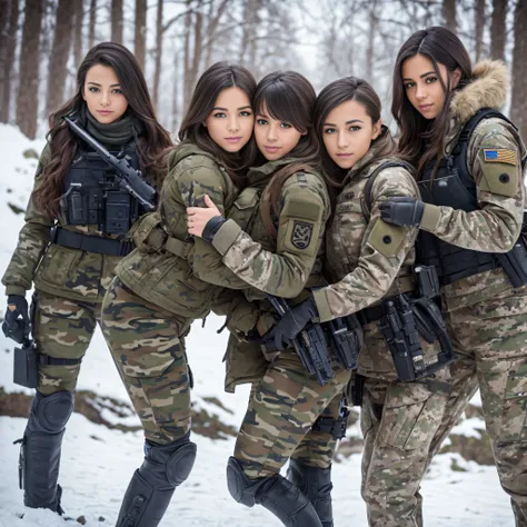 (Photorealistic), Beautiful lighting, Best Quality, Realistic, Full body portrait, real picture, Intricate details, depth of fields, 3 lesbians girls embracing , In a cold blizzard, Very muscular soldier girl with a haircut, Fatigue of the army wearing win...