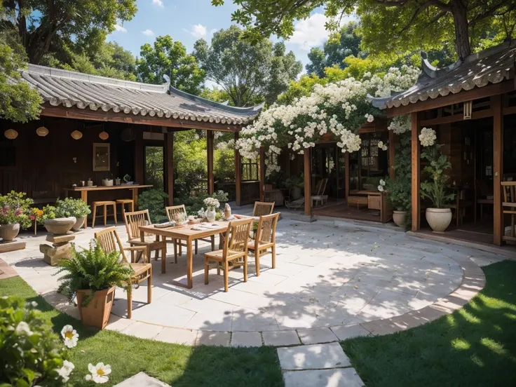 ，masterpiece, best quality，8k, ultra highres，Set in a fairyland-like courtyard，Enjoy your intimate encounter with nature。The lawn is green，The delicate flowers exude fragrance。The winding path is paved with white petals，Its like walking through the clouds。...