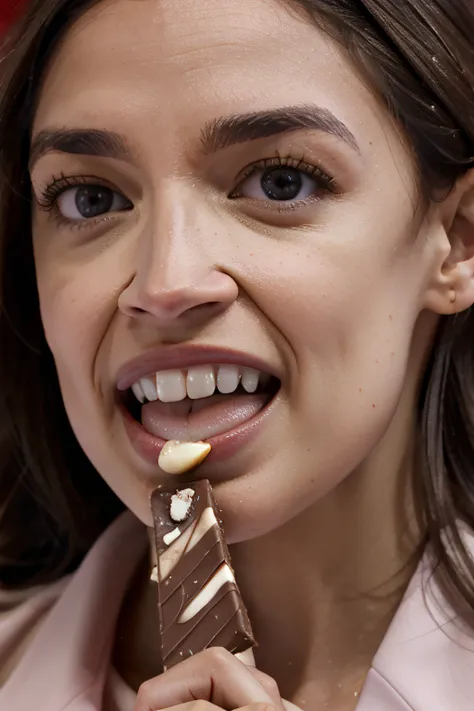 close up photo alexandria ocasio-cortez eating a chocolate bar, biting a chocolate bar