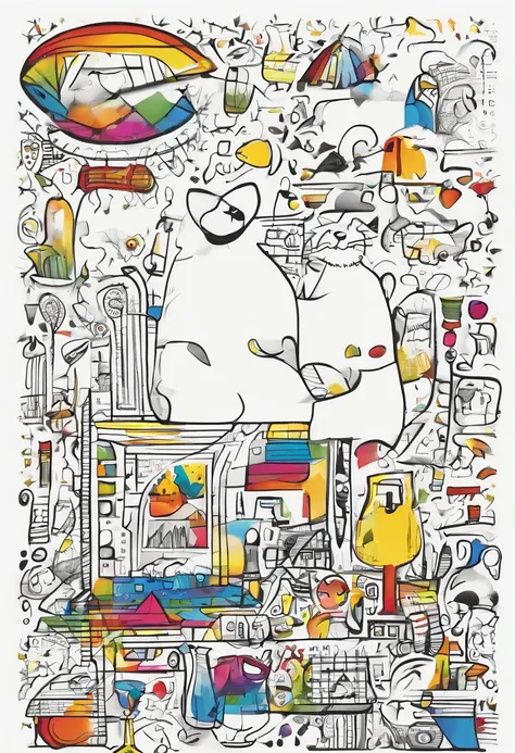 grafismo, diverse and playful geometric figures, Rainbow, romero britto, salvador dali, um burro, A domestic catp ack animal with sunglasses and DJ headphones and with the thought running through his fingers and the confusion of memory ((fundo branco e pre...