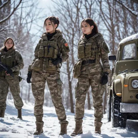 (Photorealistic), Beautiful lighting, Best Quality, Realistic, Full body portrait, real picture, Intricate details, depth of fields, 3 bisexual girls embracing , In a cold blizzard, Very muscular soldier girl with a haircut, Fatigue of the army wearing win...