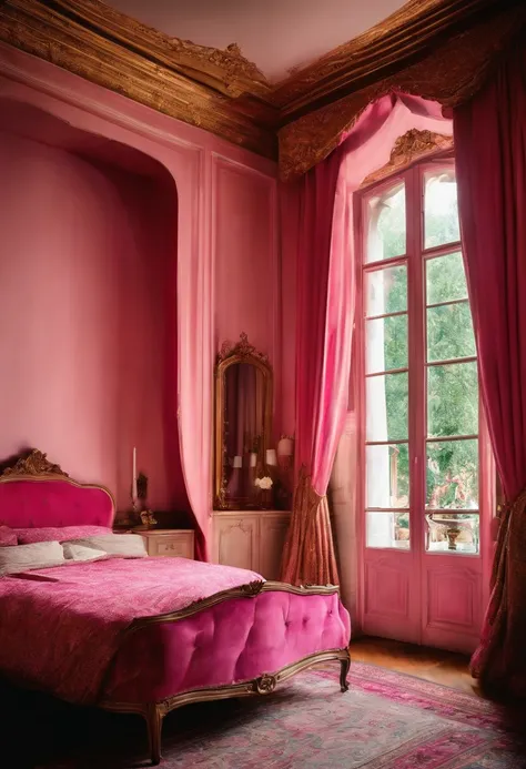 French style, pink bedroom walls, curtains, window, (from below)