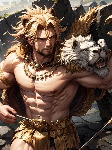 ((heracles)), lion cloak, strong male warrior, stone club.