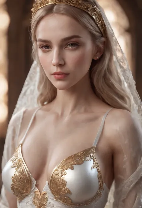 Beautiful Alluring Ornate female holy paladin, Bare Skin,big breasts ,Athletic Well Toned Body, Elegant Form, Inside A Dark Throne Room, white linen, shiny white metal, gold filigree, metal armor bikini, Beautiful Face, Gothic Theme, baroque theme, Fiverr ...