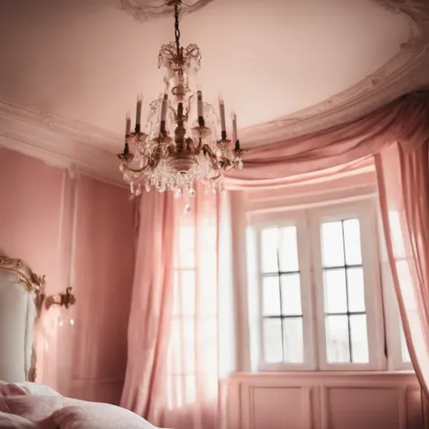 bright, day, French style, pink bedroom walls, curtains, ceiling, chandelier, window, (from below)