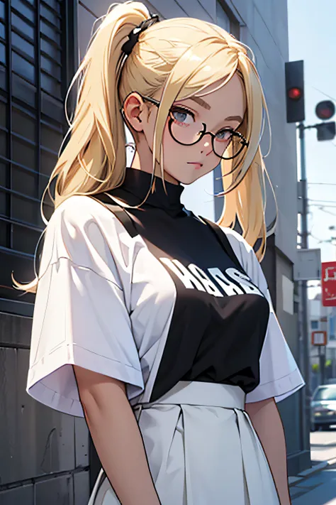 masterpiece, best quality, high quality, 1female, 24y, solo, female focus, upper body, wearing glasses, blonde hair with twin tail hairstyles. dressing white t-shirt oversize and black tight little skirt. stand alone outside