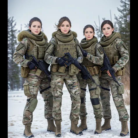 (Photorealistic), Beautiful lighting, Best Quality, Realistic, Full body portrait, real picture, Intricate details, depth of fields, 3 lesbians girls embracing , In a cold blizzard, Very muscular soldier girl with a haircut, Fatigue of the army wearing win...