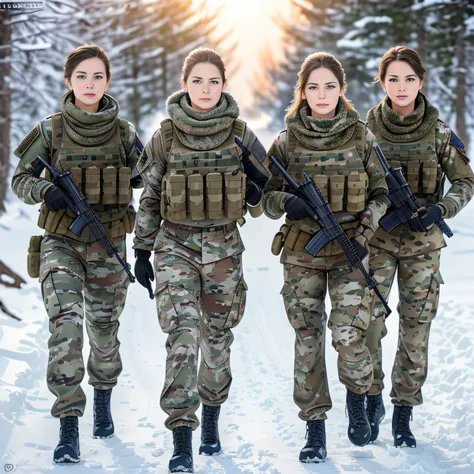 (Photorealistic), Beautiful lighting, Best Quality, Realistic, Full body portrait, real picture, Intricate details, depth of fields, 3 lesbians girls embracing , In a cold blizzard, Very muscular soldier girl with a haircut, Fatigue of the army wearing win...