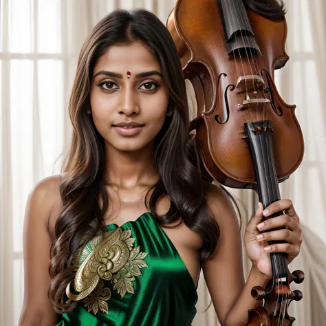 brunette Indian sexy woman with flowing hair, green eyes, wearing silk dress, holding a violin, standing on a violin, Direction: real digital art, violin, Hindu girl, Indian beauty, head and shoulder shot, beautiful violinist maiden Indian, Featured, beaut...