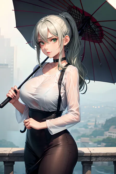 best quality, ultra high res, (((1girl, solo))), ((mature)), green gray hair, choker, adult girl, mature girl, ponytail, ((milf, mother)), rain, umbrella, wet shirt, white shirt, see through, holding umbrella