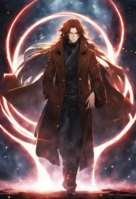 one man, red long hairs,pale withe skin, wearing a leather brown overcoat, magic aura particles, red eyes, 4k, cinematic details...