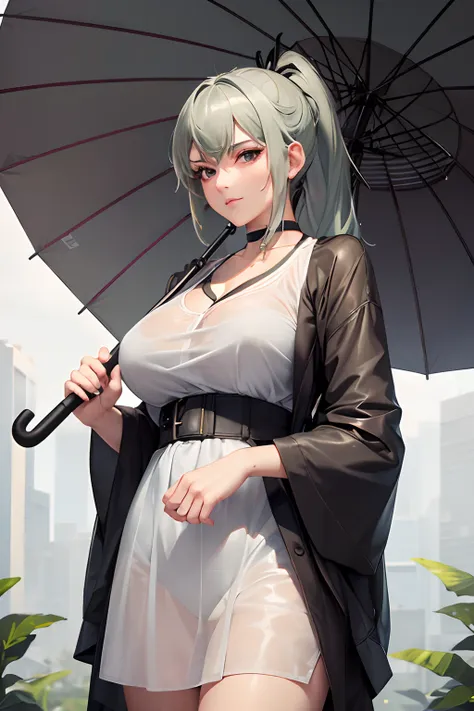 best quality, ultra high res, (((1girl, solo))), ((mature)), green gray hair, choker, adult girl, mature girl, ponytail, ((milf, mother)), rain, umbrella, wet shirt, white shirt, see through, holding umbrella