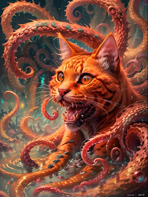 An image of an orange cat with a wide mouth and long, thick pink tentacles emerging from it, HP.Lovecraft. (best quality, 4k, highres, masterpiece:1.2), ultra-detailed, (realistic, photorealistic, photo-realistic:1.37), vibrant colors, eerie lighting, oil ...