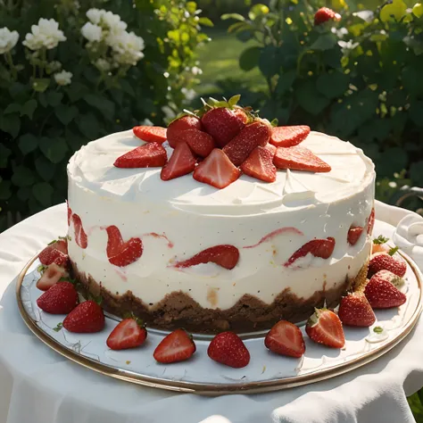 Detailed fabulous strawberry cheesecake on a tray, garden backgroubd