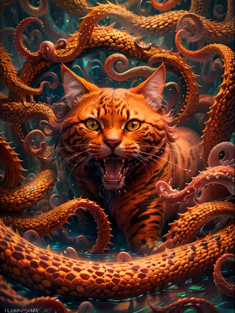 An image of an orange cat with a wide mouth and long, thick tentacles emerging from it, HP.Lovecraft. (best quality, 4k, highres, masterpiece:1.2), ultra-detailed, (realistic, photorealistic, photo-realistic:1.37), vibrant colors, eerie lighting, oil paint...