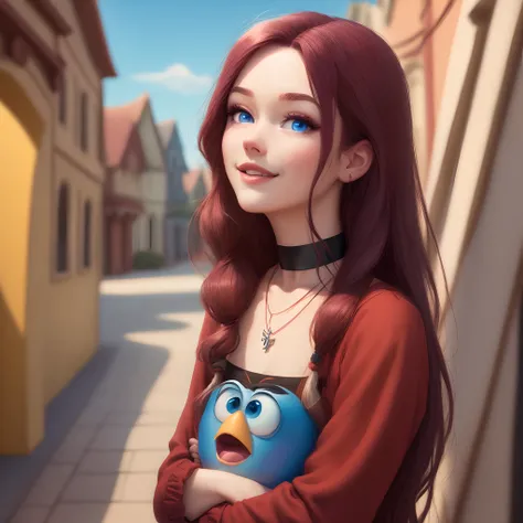 Long maroon hair. Blue eyes. Dimples. Choker necklace. Disney. Pixar