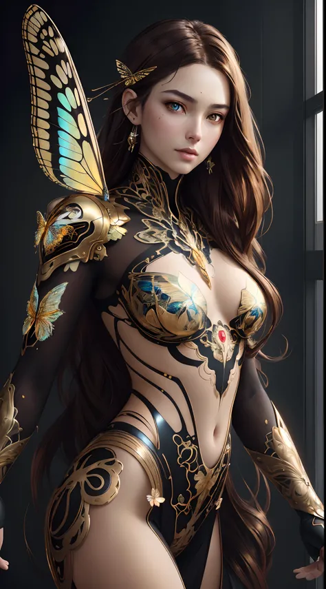 8k portrait of beautiful cyborg with brown hair, intricate, elegant, highly detailed, majestic, digital photography, art by artgerm and ruan jia and greg rutkowski surreal painting gold butterfly filigree, broken glass, (masterpiece, sidelighting, finely d...