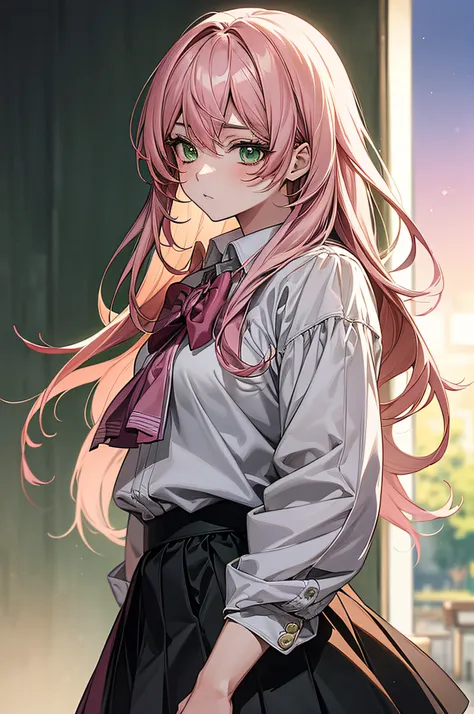 ((Anime style)), ((best quality)), ((masterpiece)), ((HDR+)), (best performance), (best lighting), (a college girl with pink Chanel hair with fringes, green eyes), wearing a school uniform, in a [college road dark empty background], [Wlop], [Takehino Inoue...