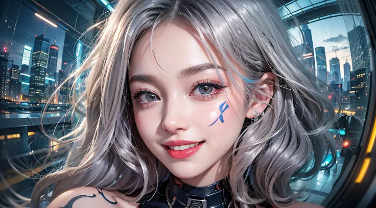 cyber punk Girl,Soio、 Fisheye, Selfie, Very close image, Wind, Very short hair, hair messy, low illuminance, Cityscape, (Aesthetics and atmosphere:1.2)Smile full of happiness、((Looks happy:1.3),, nose piercing, eyebrow piercing, Tattoos,Silvery hair,