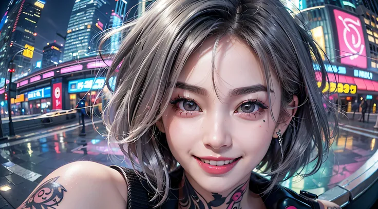 cyber punk Girl,Soio、 Fisheye, Selfie, Very close image, Wind, Very short hair, hair messy, low illuminance, Cityscape, (Aesthetics and atmosphere:1.2)Smile full of happiness、((Looks happy:1.3),, nose piercing, eyebrow piercing, Tattoos,Silvery hair,