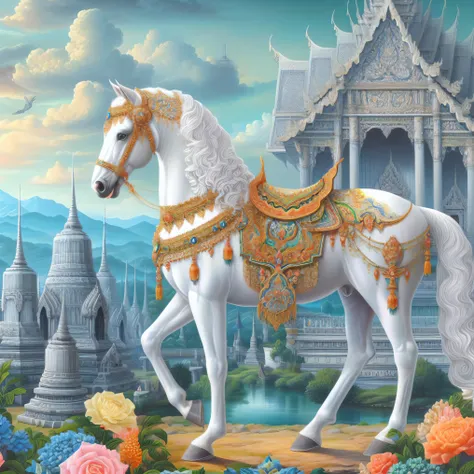 painting of a white horse with a golden bridle and a beautiful landscape, 4k highly detailed digital art, thailand art, beautiful art uhd 4 k, fantasy highly detailed, beautiful detailed fantasy, 4k detailed digital art, 8k high quality detailed art, highl...