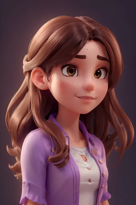 (best quality, highres, ultra-detailed, realistic:1.37), portraits, brunette woman,long hair, white background,dark hair, wearing a purple outfit, well-defined eyebrows, light brown eyes