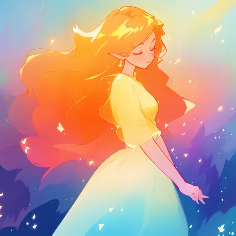 beautiful girl in flowing puffy gradient gold to aqua ballgown, long sparkling red hair, delicate gold crown, fantasia background, watercolor illustration, inspired by Glen Keane, inspired by Lois van Baarle, disney art style, by Lois van Baarle, glowing a...