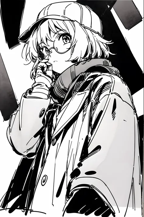 mirai kuriyama wearing a coat and a cap hiding her face with her hands, ((empty background)), winter, vhs, vintage, red glasses,...