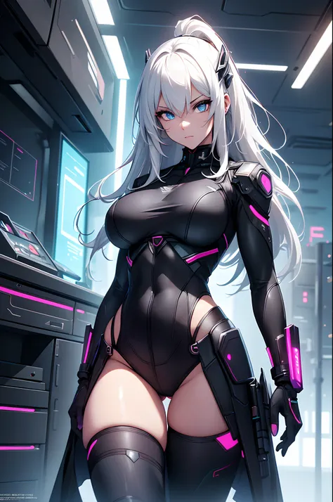 hdr, cyberpunk, futuristic, science fiction, 2k, 4k, 8k, masterpiece, highres, detailed glow, detailed reflections, 1girl, solo, slim, athletic, long hair, gradient white hair, purple pulpils, perfect hands, perfect legs, perfect eyes, {perfect detailed ey...